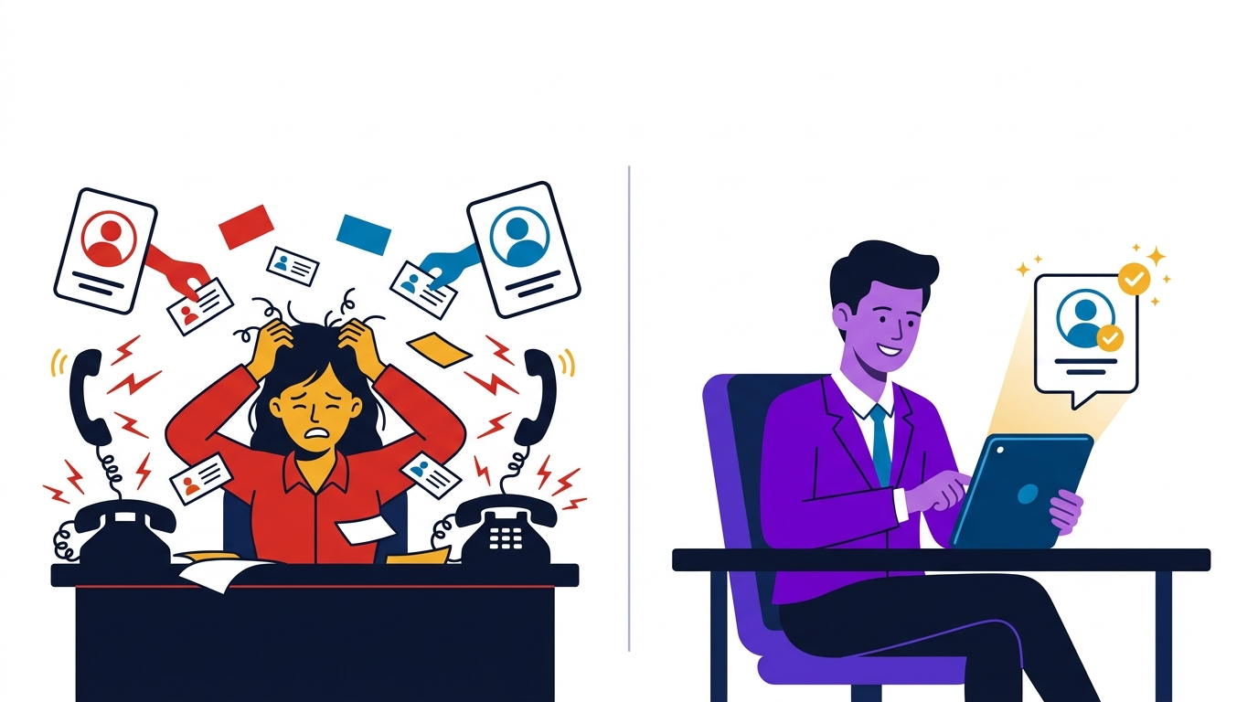 Exclusive web design leads vs shared leads: split-screen comparison of agency owner chaos versus calm confidence