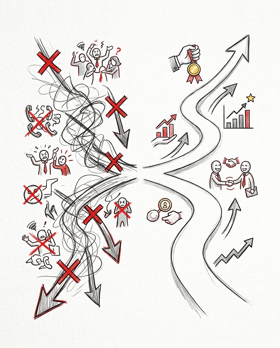 Pencil illustration: diverging paths for shared vs exclusive leads