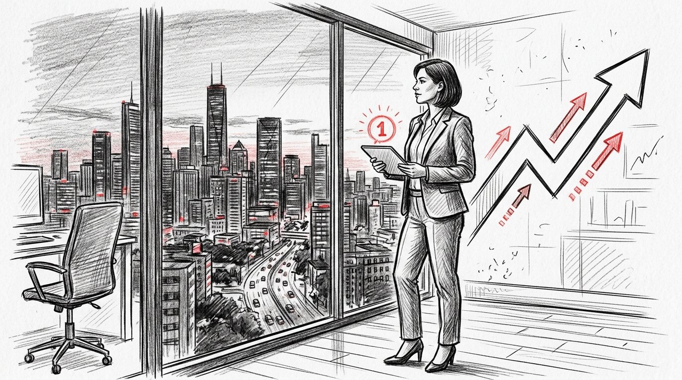 Pencil illustration: professional at window with tablet, upward trend