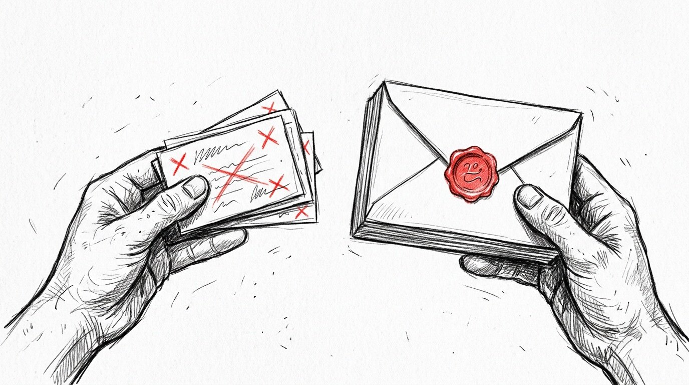 Pencil illustration: thin cheap cards vs premium lead envelope