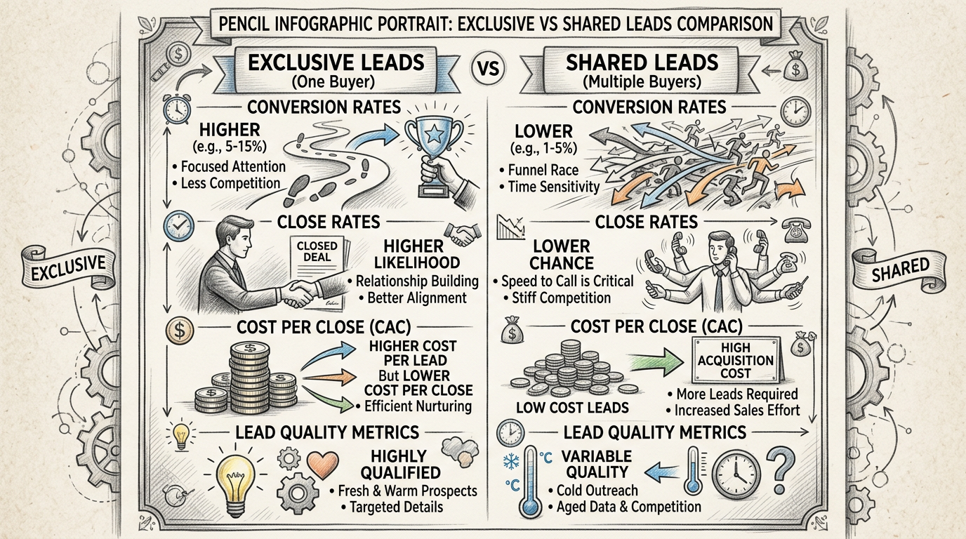 Infographic comparing exclusive vs shared web design lead models