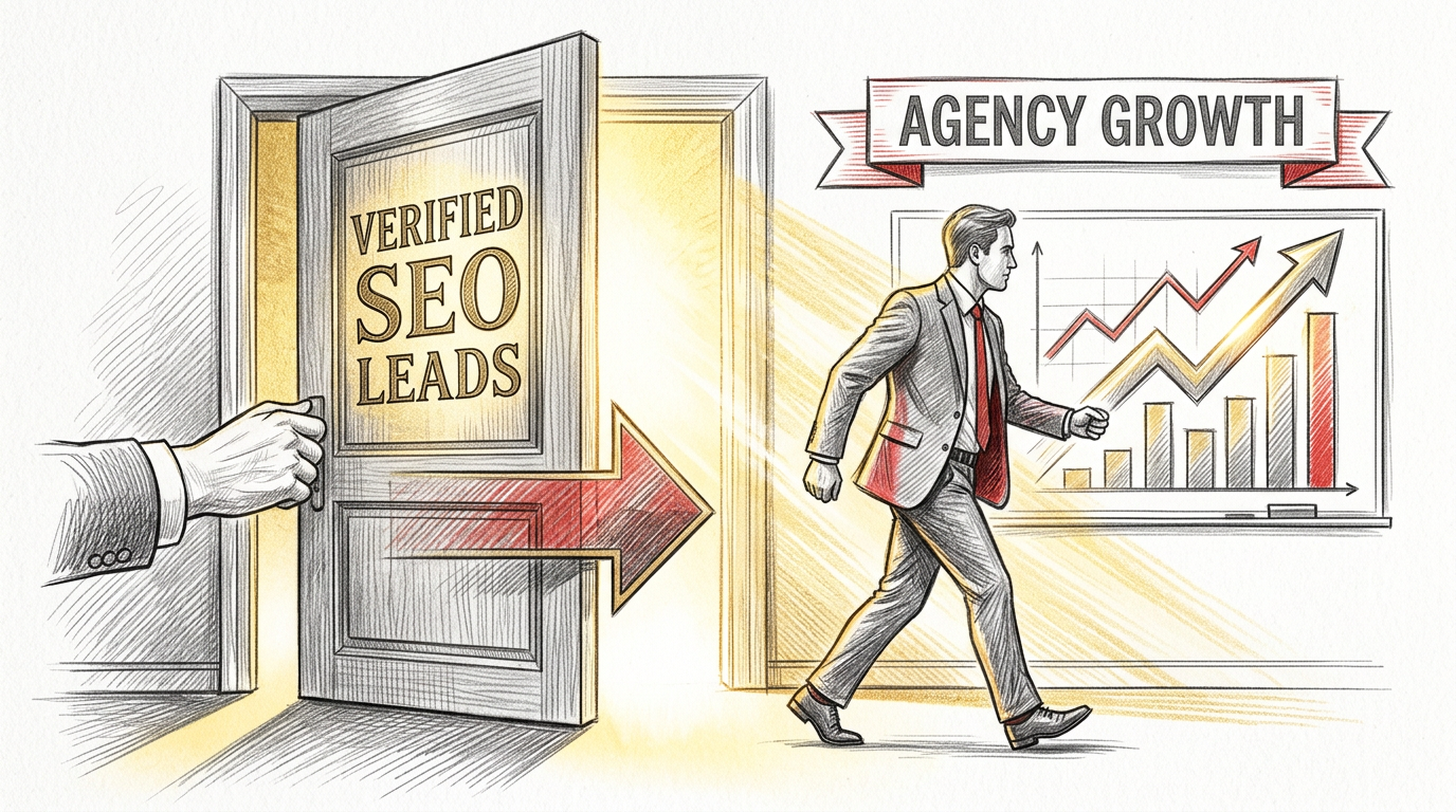 Agency owner opening door verified SEO leads golden light growth charts - CTA card