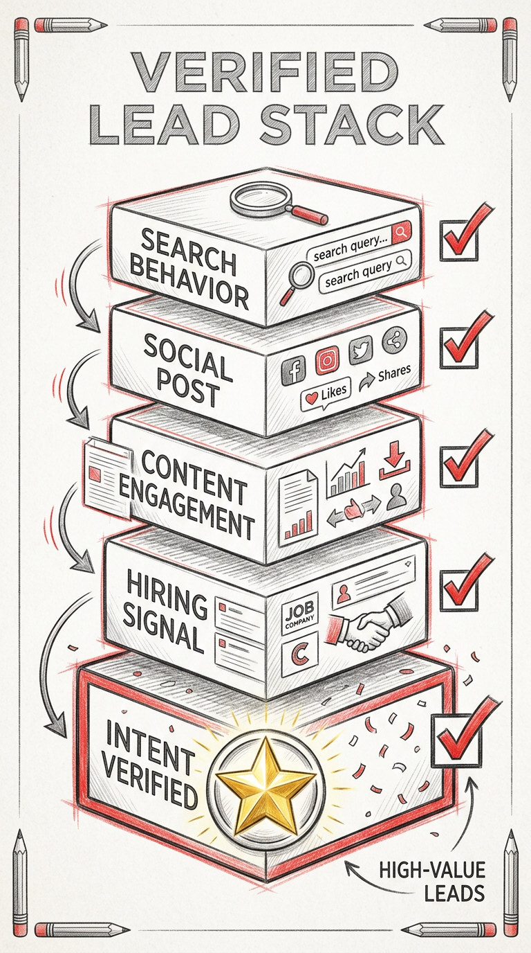Five-layer verified lead signal stack search behavior to intent verified - infographic for SEO agencies