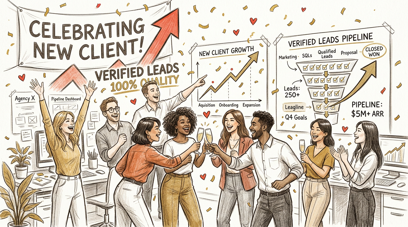 Marketing agency celebrating new client full pipeline verified leads gold confetti growth charts - CTA