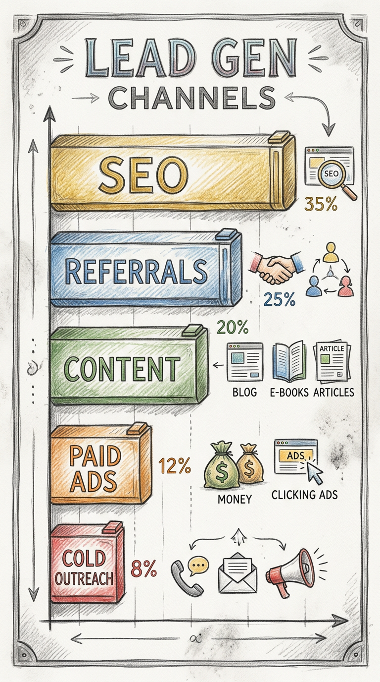Lead generation channels effectiveness ranked SEO 35% referrals 25% content 20% paid ads 12% cold outreach 8% infographic
