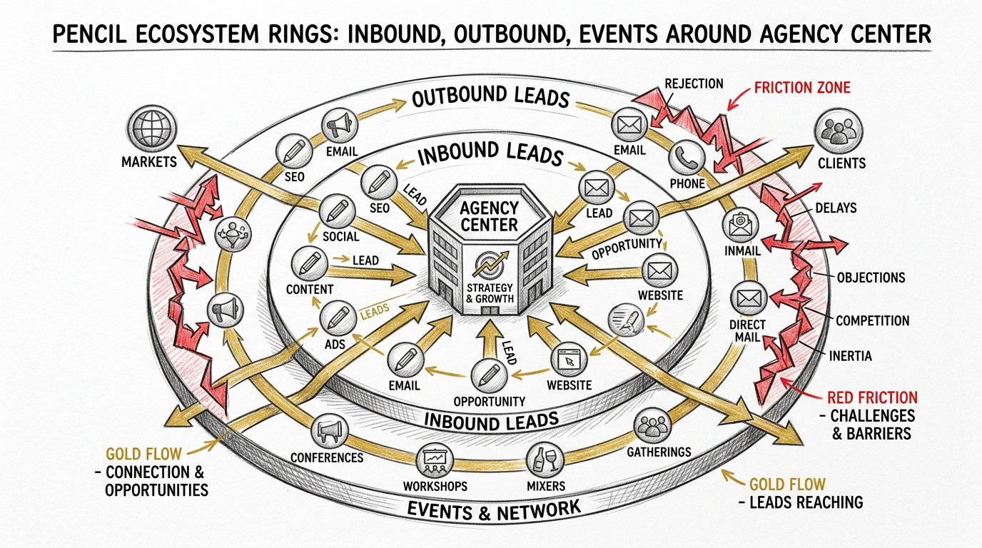 Marketing agency ecosystem inbound outbound events rings verified lead flow - lead generation channels