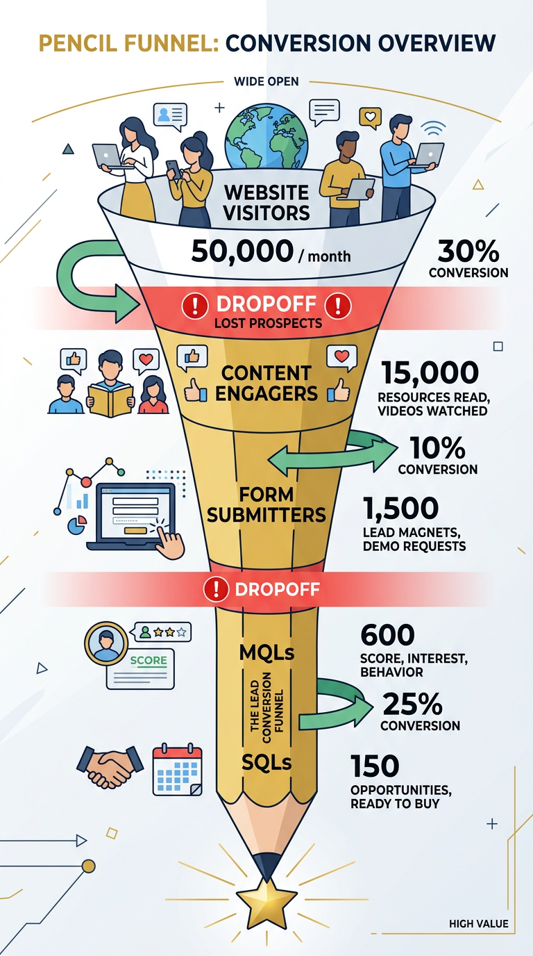 Infographic showing SEO lead generation funnel and tactics