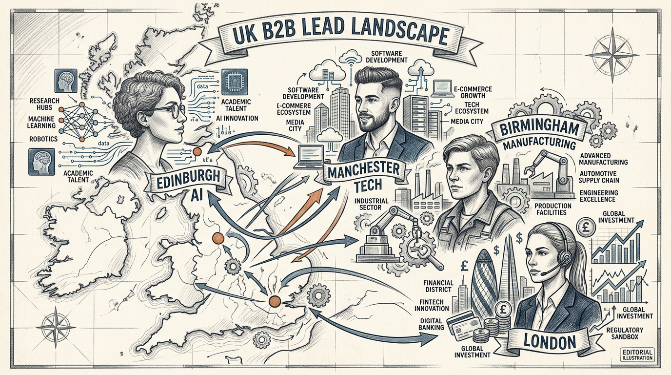 Infographic showing B2B lead types and industries in the UK market