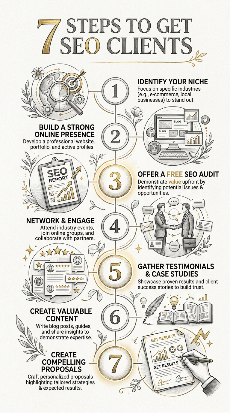 Infographic showing how to get SEO clients through inbound methods