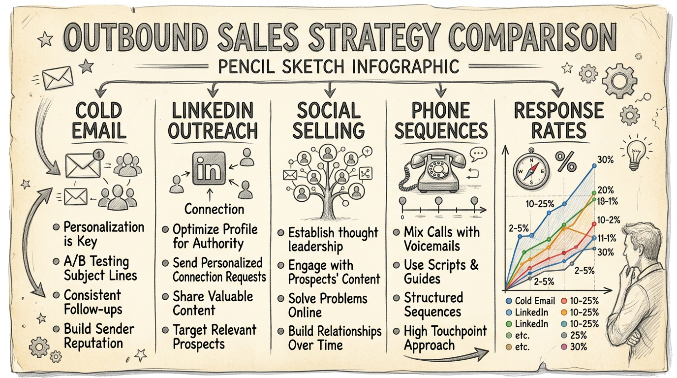 Infographic showing outbound sales strategies for B2B pipeline growth