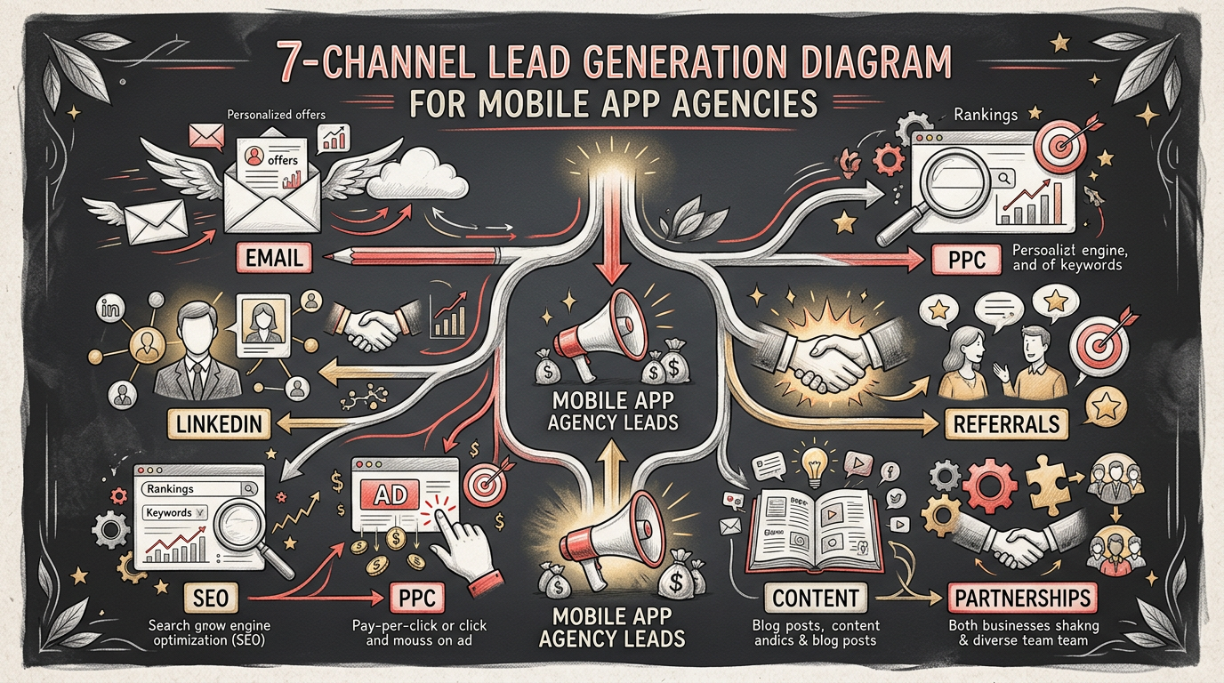 Mobile app lead generation - 7-channel lead generation diagram showing email, LinkedIn, SEO, PPC, referrals, content, and partnerships