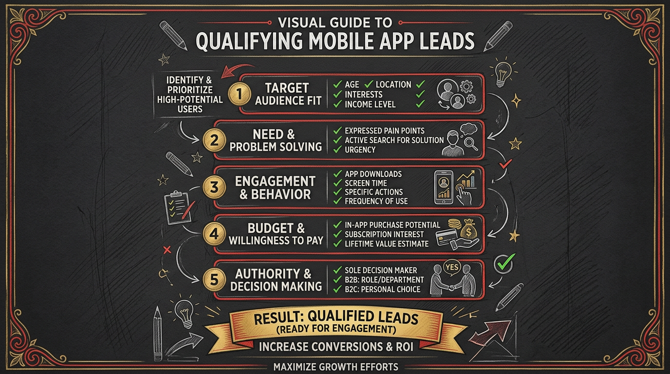 How to get mobile app leads - lead qualification infographic showing budget, tech stack, timeline, and decision maker criteria