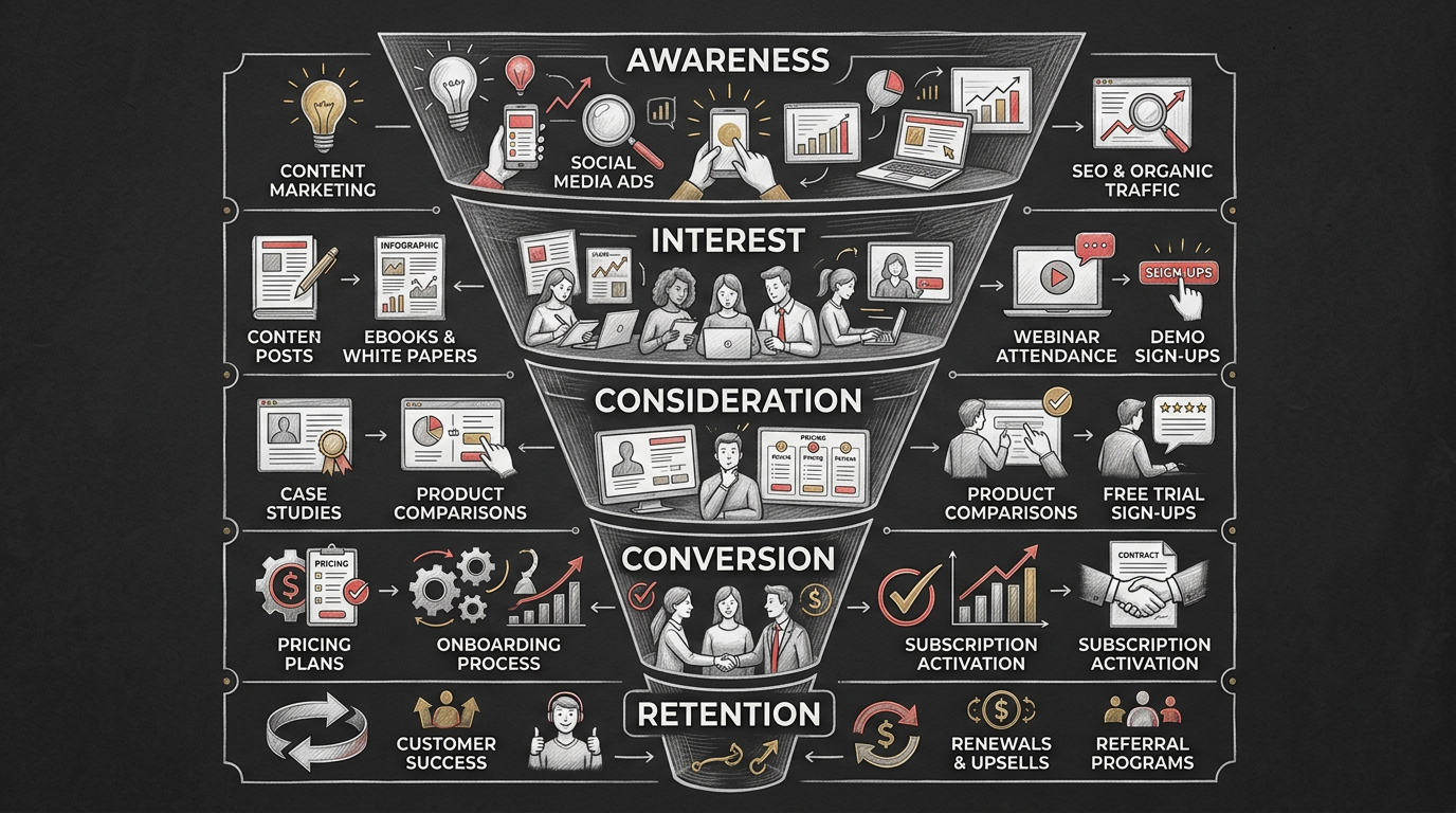 SaaS lead generation - complete funnel infographic showing stages from awareness to trial to paid conversion