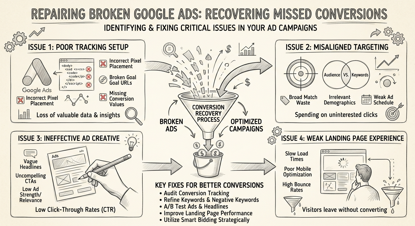 PPC Lead Generation for Agencies - Infographic broken Google Ads campaigns missed conversions