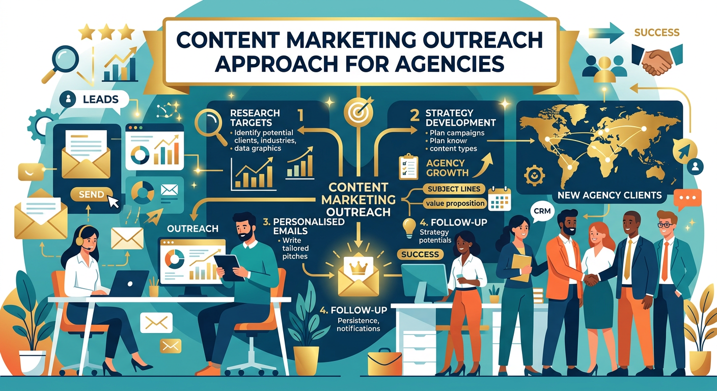 How to Find Content Marketing Clients - Illustration content marketing outreach approach agencies