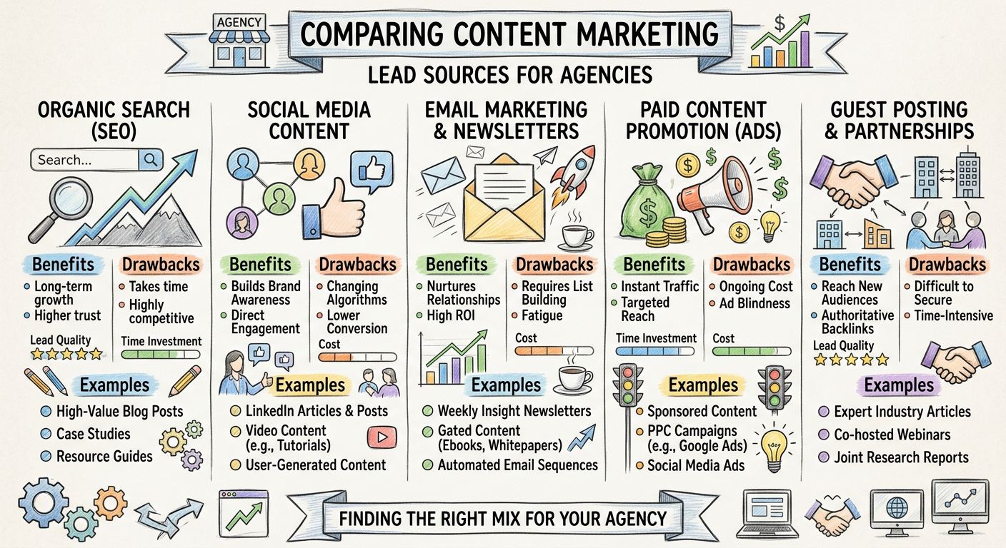 How to Find Content Marketing Clients - Infographic comparing content marketing lead sources agencies