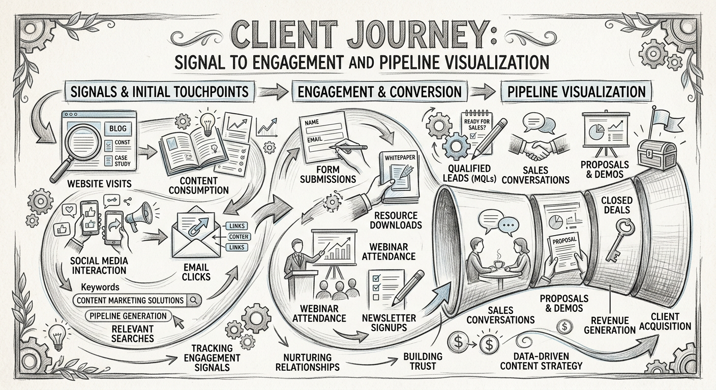 How to Find Content Marketing Clients - Infographic content marketing client journey signal to engagement