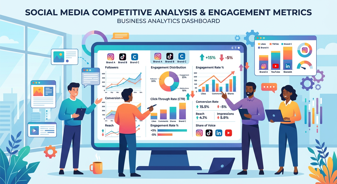 Social Media Marketing Lead Generation For Agencies - Illustration social media engagement metrics competitive analysis