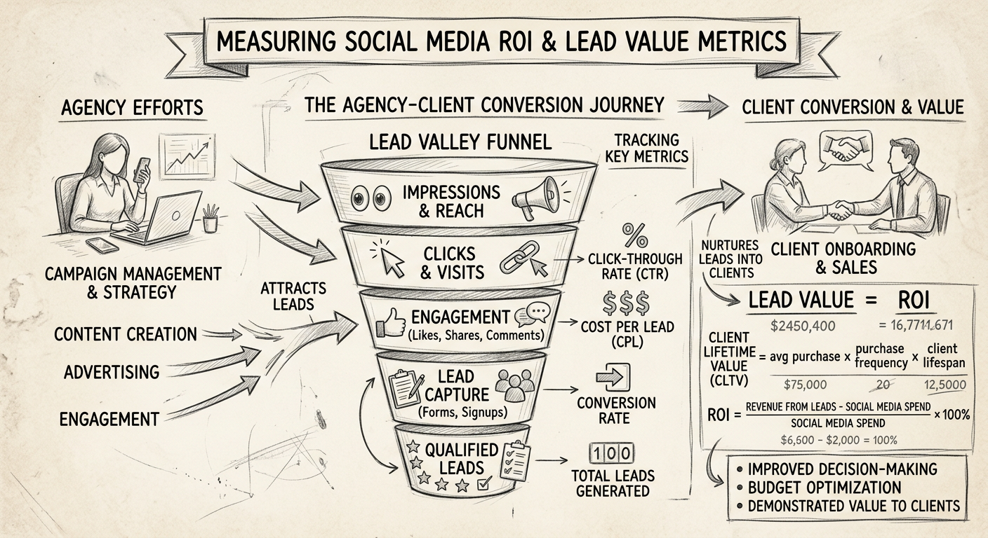 Social Media Marketing Lead Generation For Agencies - Infographic social media ROI lead value metrics agency client conversion