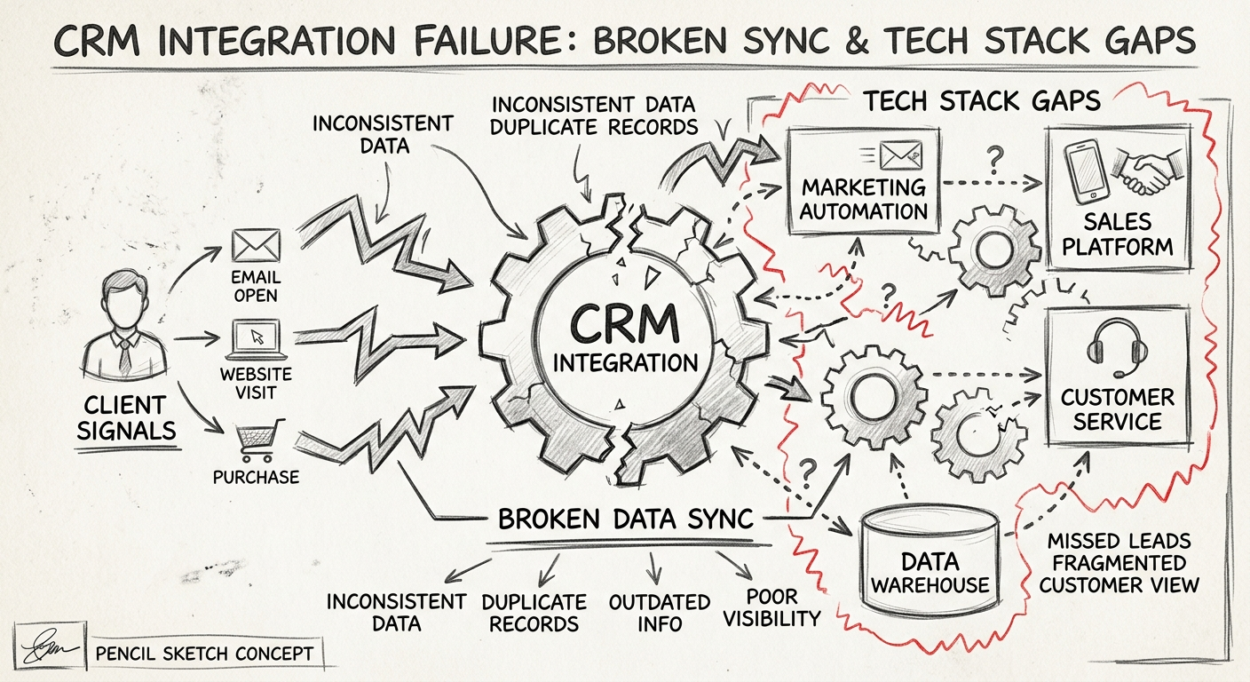 Crm Integration Lead Generation For Agencies - Infographic CRM integration client signals broken data sync tech stack gaps