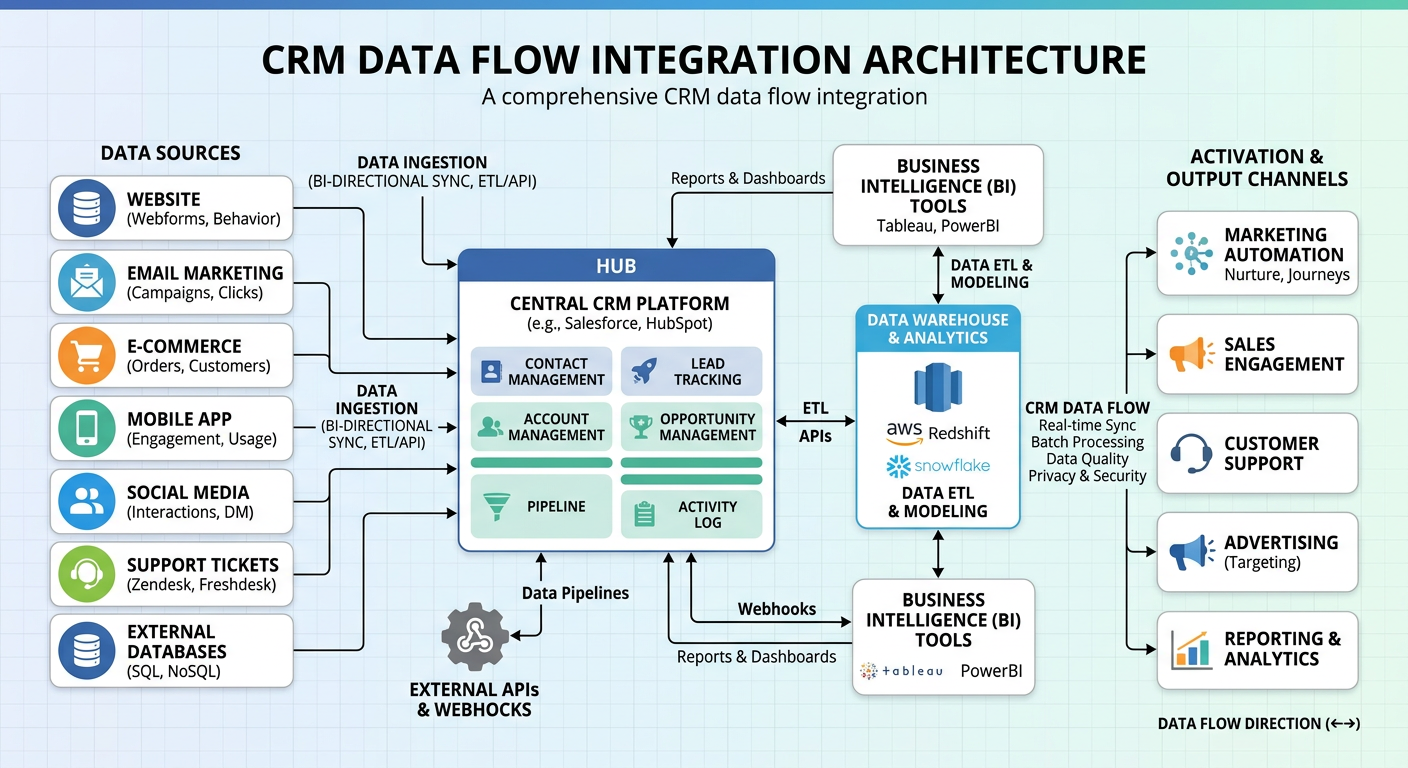 Crm Integration Lead Generation For Agencies - Illustration CRM data flow integration architecture technical diagram