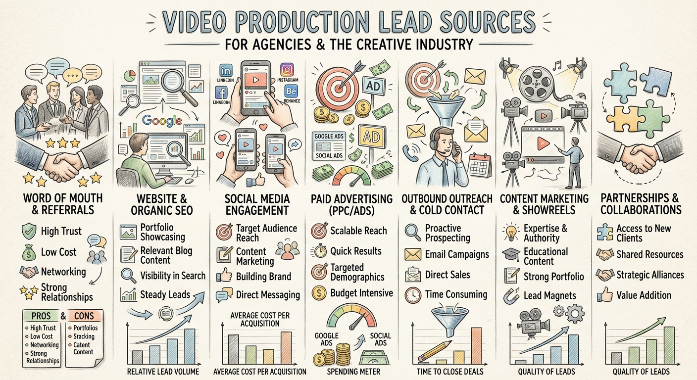 Video Production Lead Generation For Agencies - Infographic comparing video production lead sources agencies creative industry