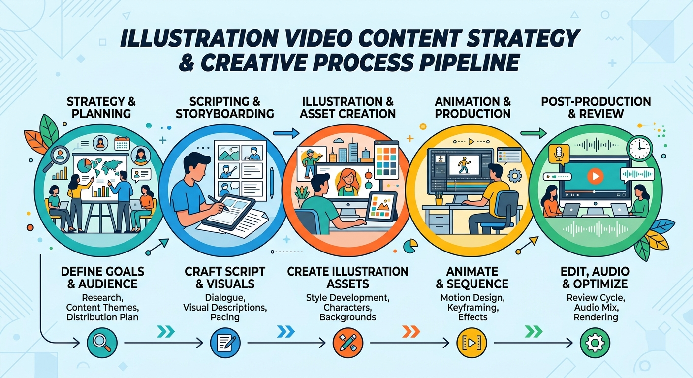 Video Production Lead Generation For Agencies - Illustration video content strategy production pipeline creative process