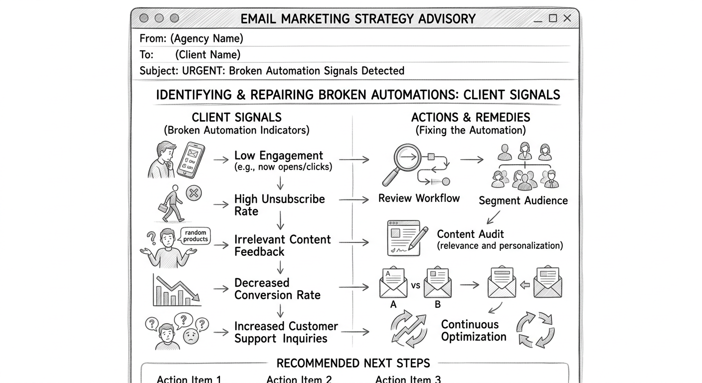 Email Marketing Lead Generation for Agencies - Infographic email marketing client signals broken automation pencil sketch style clean minimal no wa