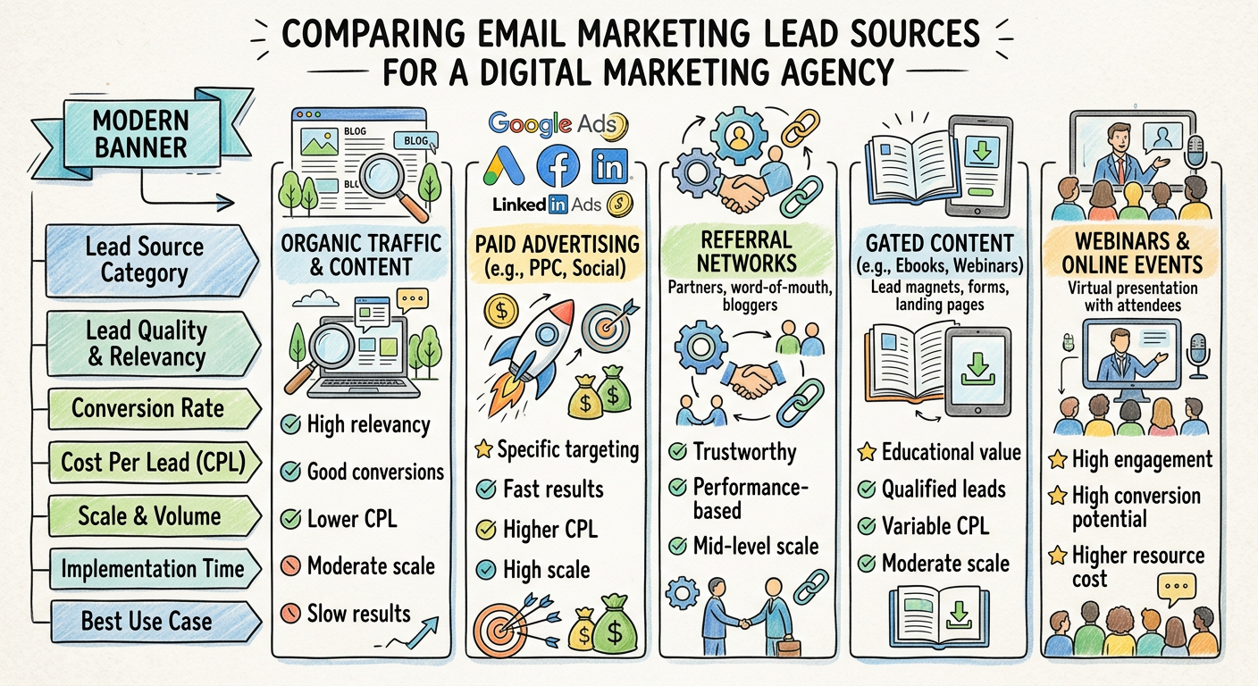 Email Marketing Lead Generation for Agencies - Infographic comparing email marketing lead sources agencies digital marketing pencil illustration no