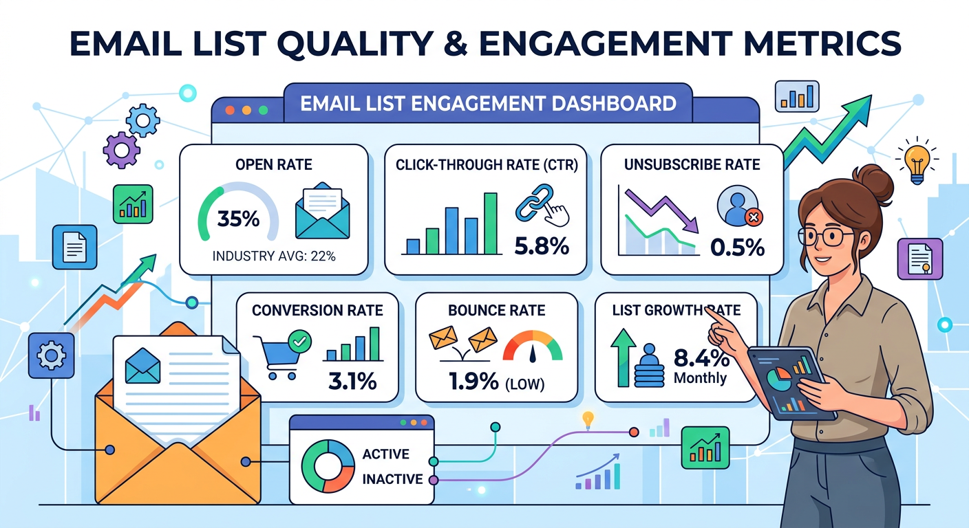 Email Marketing Lead Generation for Agencies - Illustration email list quality engagement metrics business analytics modern flat design no watermar