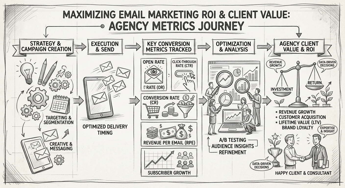 Email Marketing Lead Generation for Agencies - Infographic email marketing ROI conversion metrics agency client value pencil sketch no watermarks