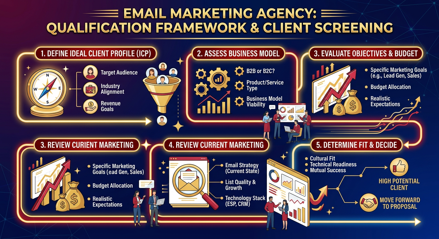 Email Marketing Lead Generation for Agencies - Illustration email marketing agency qualification framework client screening modern business gold re