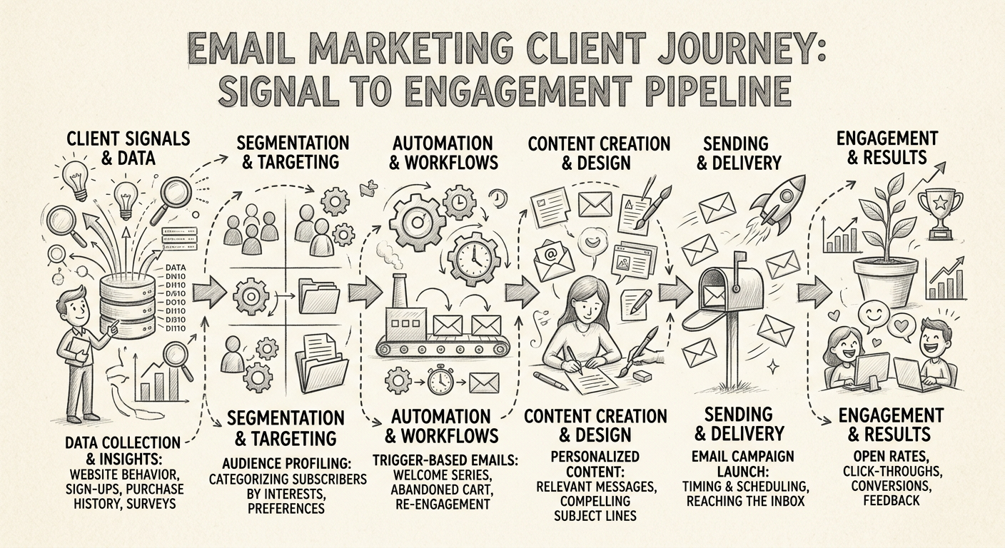 Email Marketing Lead Generation for Agencies - Infographic email marketing client journey signal to engagement pipeline visualization pencil illust