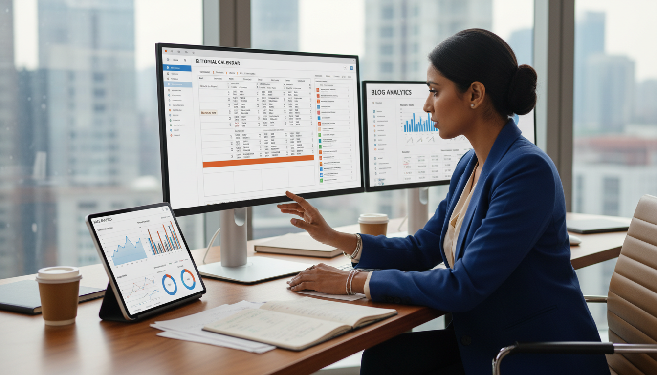 Content marketing strategy dashboard showing editorial calendar, blog performance analytics, and content ROI measurement