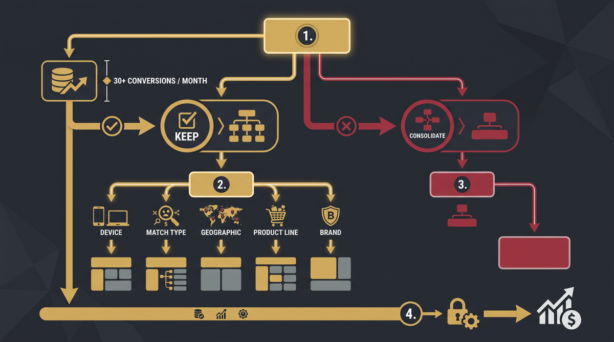 Your SKAG Structure Is Capping Your Smart Bidding. Here's The 30-Conversion Rule That Fixes It - infographic