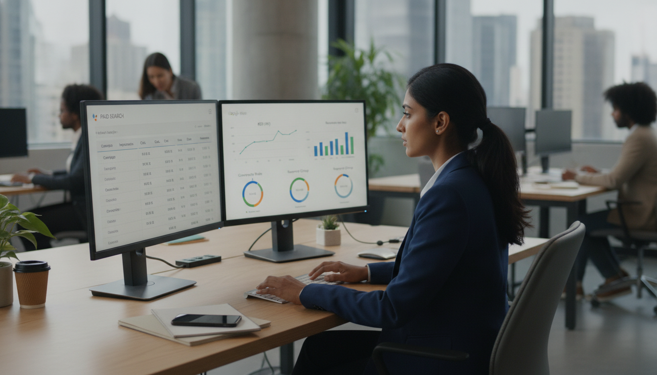 Google Ads PPC campaign management dashboard showing ROI metrics, cost per acquisition, and conversion rate optimization