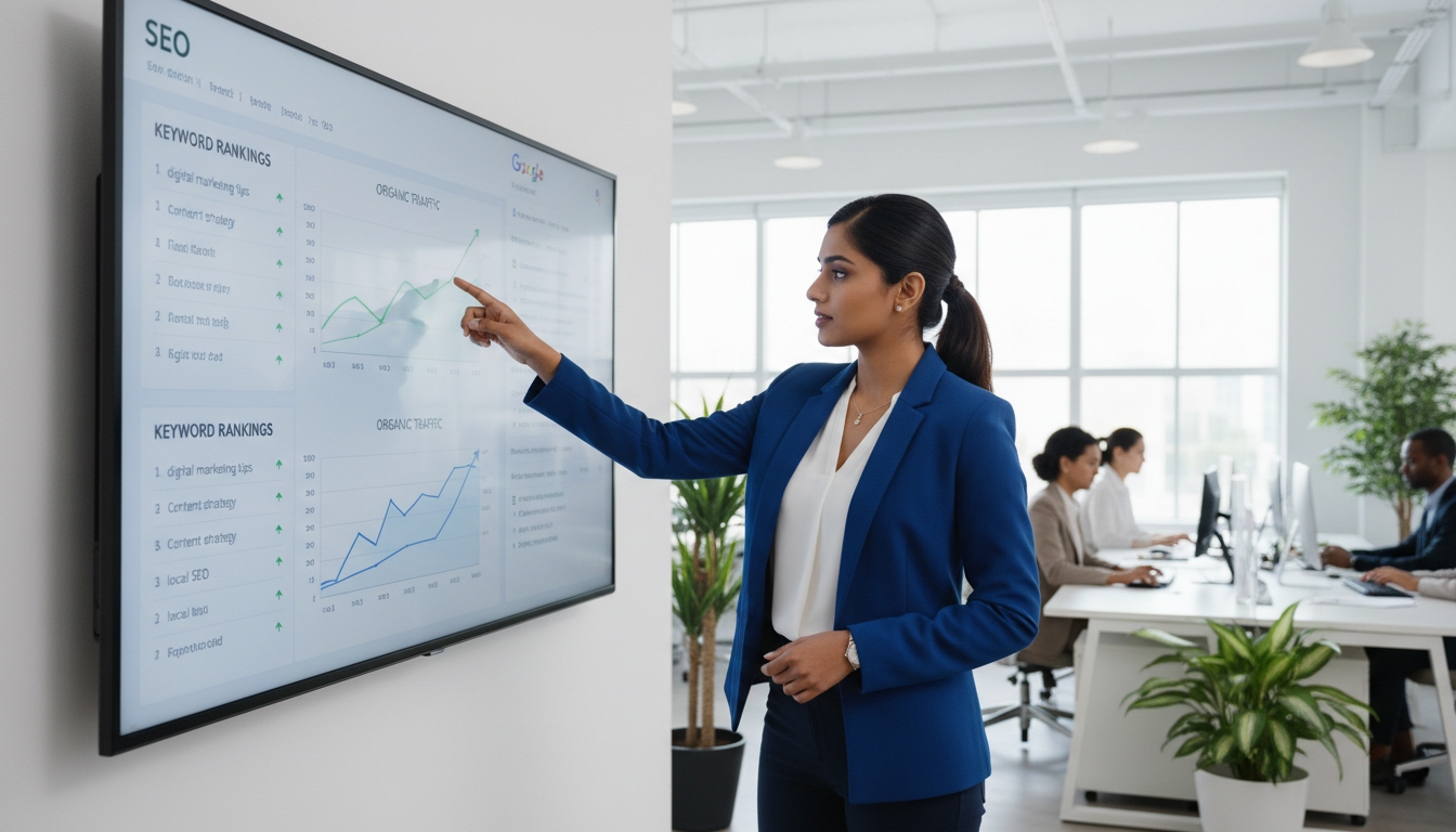 SEO lead generation analytics dashboard tracking organic traffic growth, keyword rankings, and search engine performance metrics