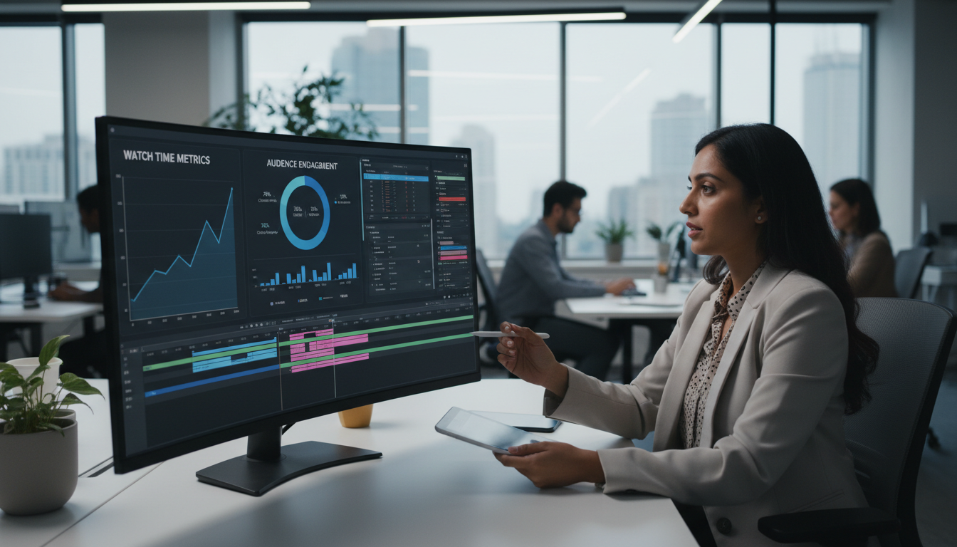 Video marketing production studio showing video analytics, audience engagement metrics, and content creation workflow